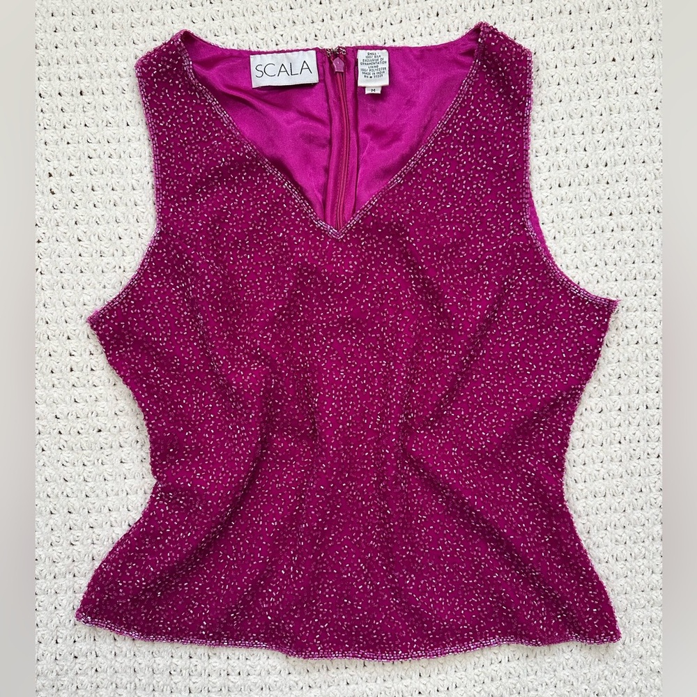 Vintage Beaded Hot Fuschia Cropped Tank, Barbie, 90s Y2K Silk Disco Cowgirl B1